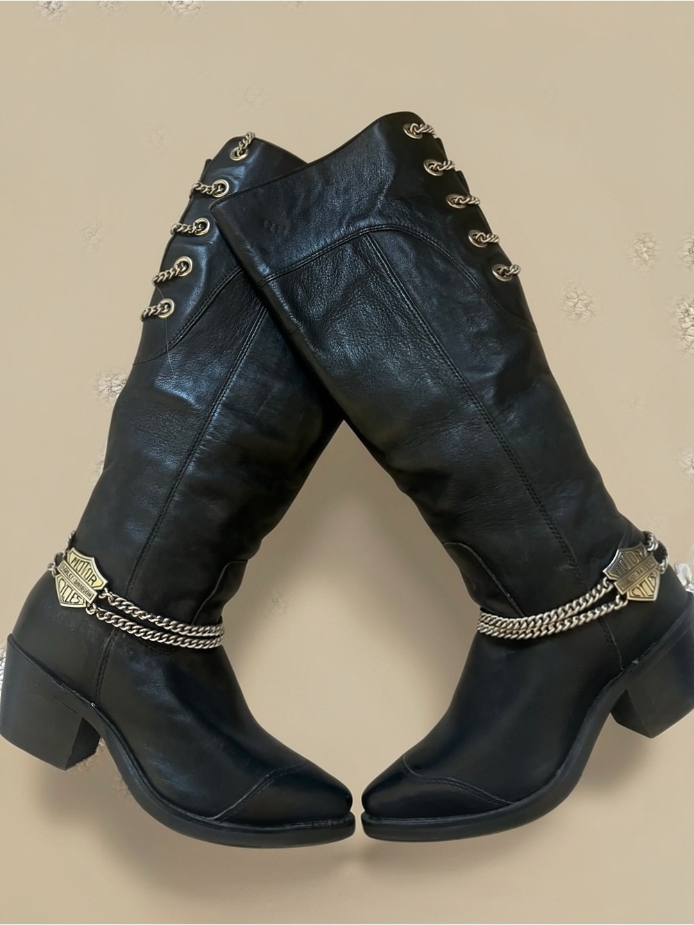 Black Harley Davidson Leather Knee-High Chain Accent Boots